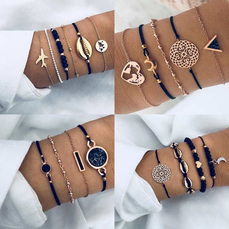 New Bohemian Black Rope Chain Bracelet Set For Women